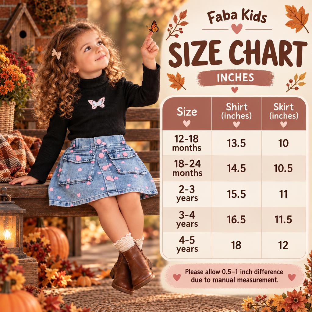 Faba Kids size chart for the girls ribbed shirt and heart-print denim skirt 2PC set, covering sizes 12-18 months to 4-5 years with shirt and skirt measurements in inches.
