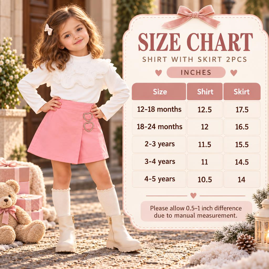 Size chart for girls shirt with skirt 2pcs, showing sizes from 12-18 months through 4-5 years and shirt and skirt measurements in inches.