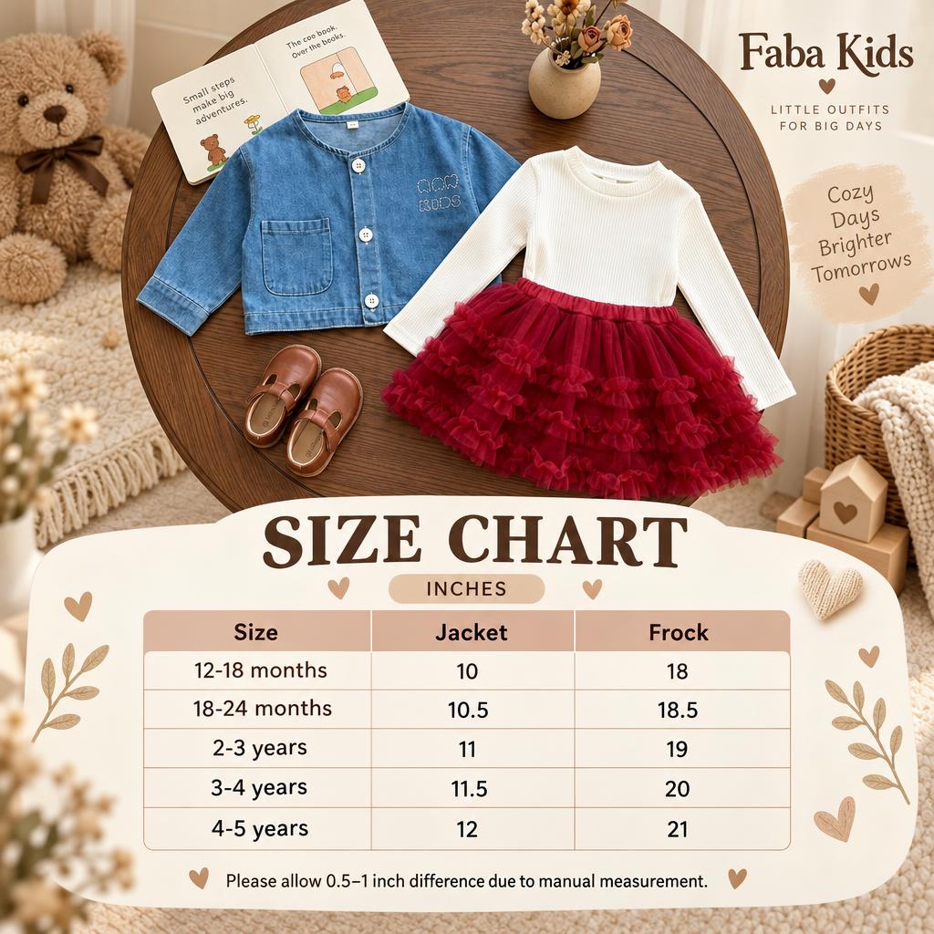 Faba Kids size chart for girls denim-look jacket and ruffle tulle frock 2pc set, showing 12-18 months through 4-5 years sizes in inches.
