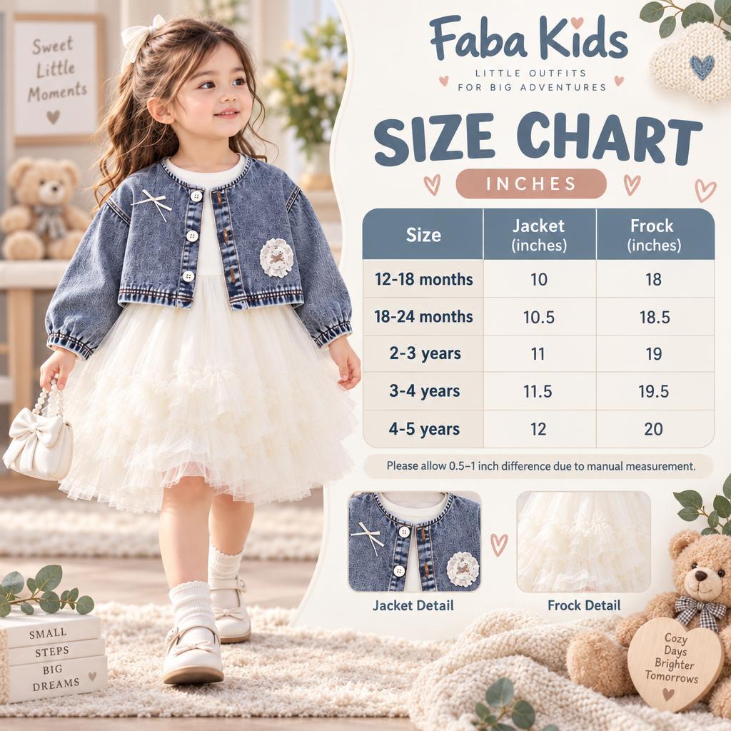 Faba Kids size chart for girls denim jacket and tulle frock set, showing jacket and frock measurements for 12–18 months to 4–5 years.