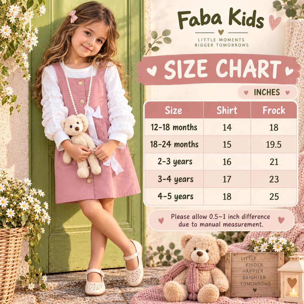Faba Kids size chart for girls shirt and frock set, showing sizes 12–18 months through 4–5 years with shirt and frock measurements in inches.