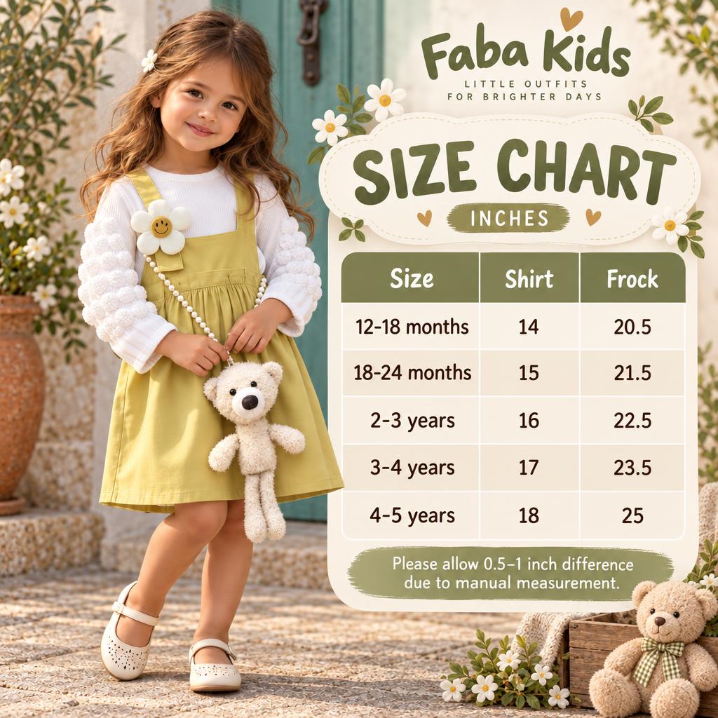 Faba Kids size chart for girls shirt and frock set in sizes 12–18 months through 4–5 years, with shirt and frock measurements in inches.