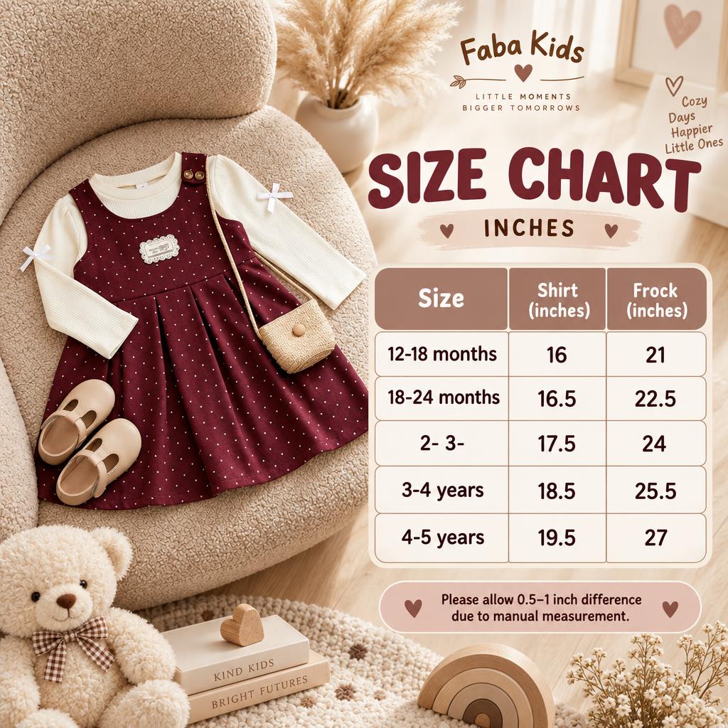 Faba Kids size chart for girls pinafore frock and shirt 2pc set, covering 12-18 months through 4-5 years with shirt and frock lengths in inches.