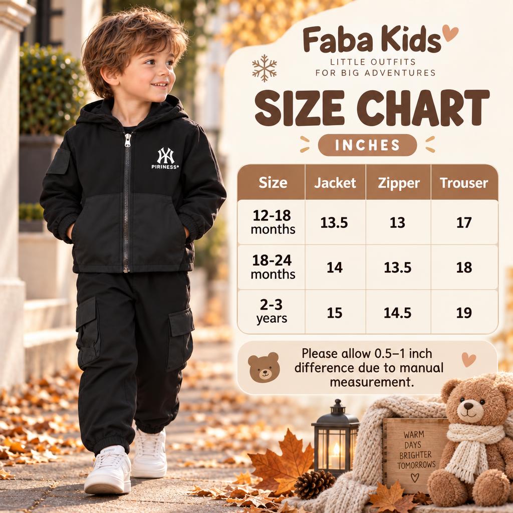 Faba Kids size chart for the boys hooded jacket, zipper and trouser set, showing 12-18 months, 18-24 months and 2-3 years measurements in inches.