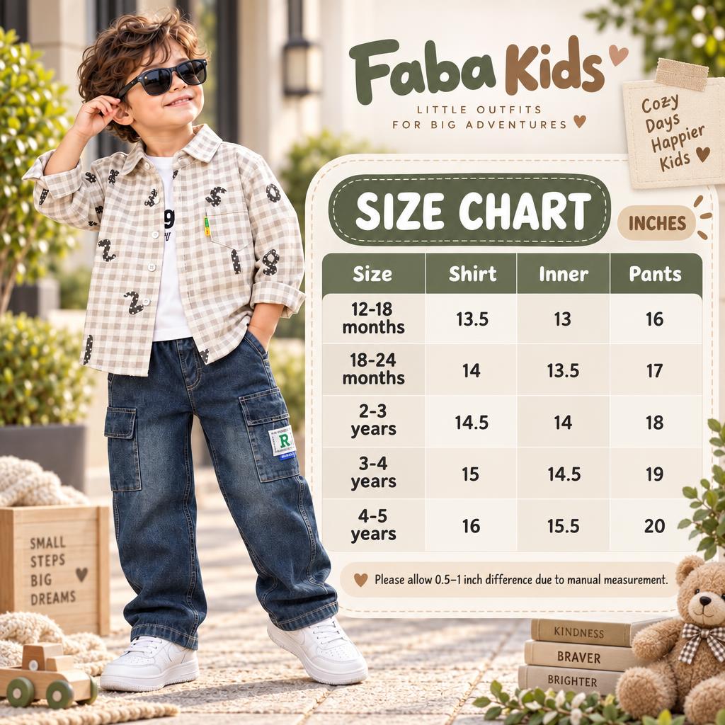 Faba Kids size chart for boys check shirt, inner and cargo baggy pant set, showing 12-18 months through 4-5 years measurements in inches.