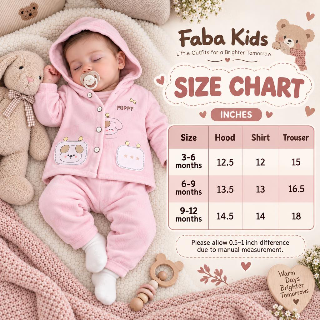 Faba Kids size chart for the Pink puppy hooded jacket, shirt and trouser set in 3-6, 6-9 and 9-12 month sizes.