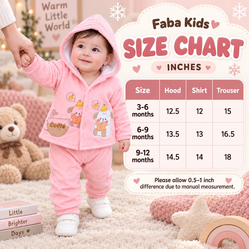 Faba Kids size chart for the Coffee Friends baby hooded jacket, shirt and trouser set in 3-6, 6-9 and 9-12 month sizes.