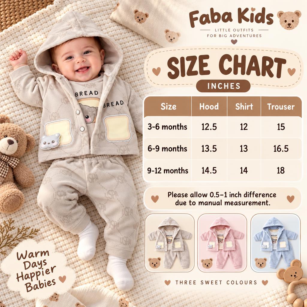 Faba Kids size chart for the baby bear pocket hooded jacket, shirt and trouser set in 3-6, 6-9 and 9-12 months, with Beige, Pink and Blue colour options.