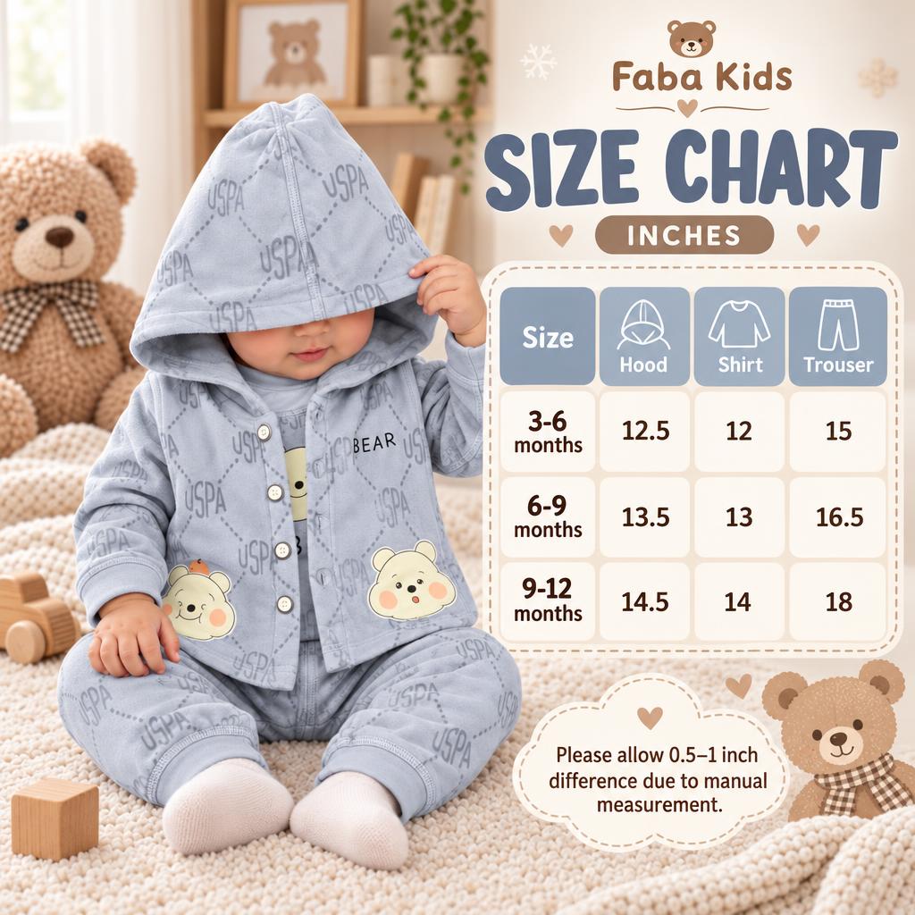 Faba Kids size chart for the baby hooded jacket, shirt and trouser set in 3-6, 6-9 and 9-12 months with inch measurements.