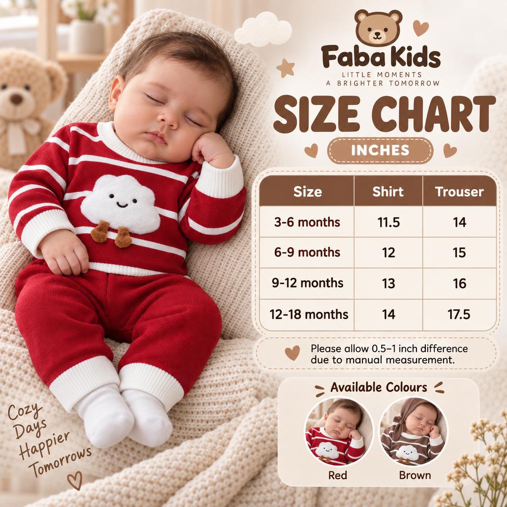 Faba Kids size chart for the baby cloud stripe shirt and trouser set, showing 3-6 to 12-18 month measurements and Red and Brown colour options.