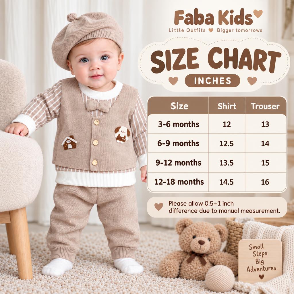 Faba Kids size chart in inches for the baby knit shirt and trouser set, showing 3-6, 6-9, 9-12 and 12-18 month sizes beside a Beige outfit.