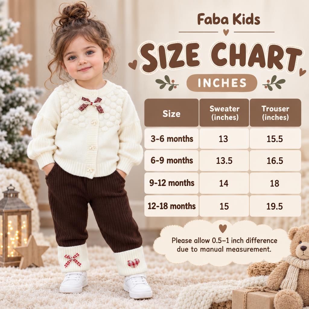 Faba Kids size chart for girls sweater and trouser 2pc set, covering 3-6 months through 12-18 months with sweater and trouser lengths in inches.
