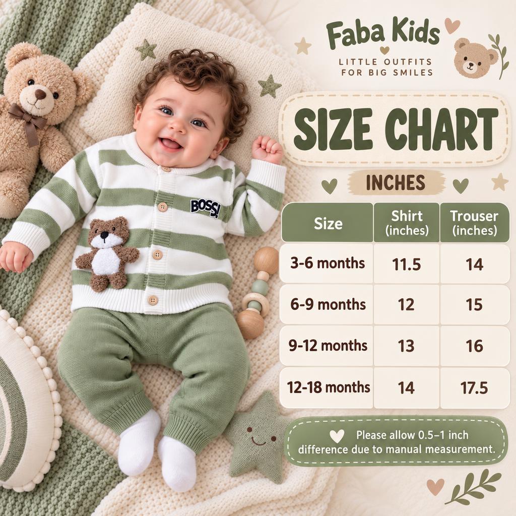 Faba Kids size chart for the baby shirt and trouser set, showing 3-6, 6-9, 9-12 and 12-18 month measurements in inches.