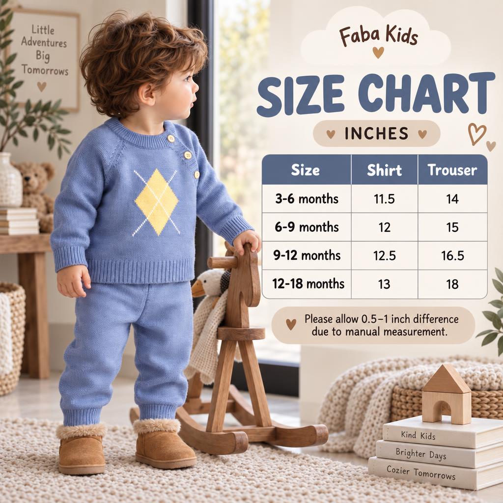 Faba Kids size chart for baby sweater and trouser sets in 3-6, 6-9, 9-12 and 12-18 months, with shirt and trouser measurements in inches.