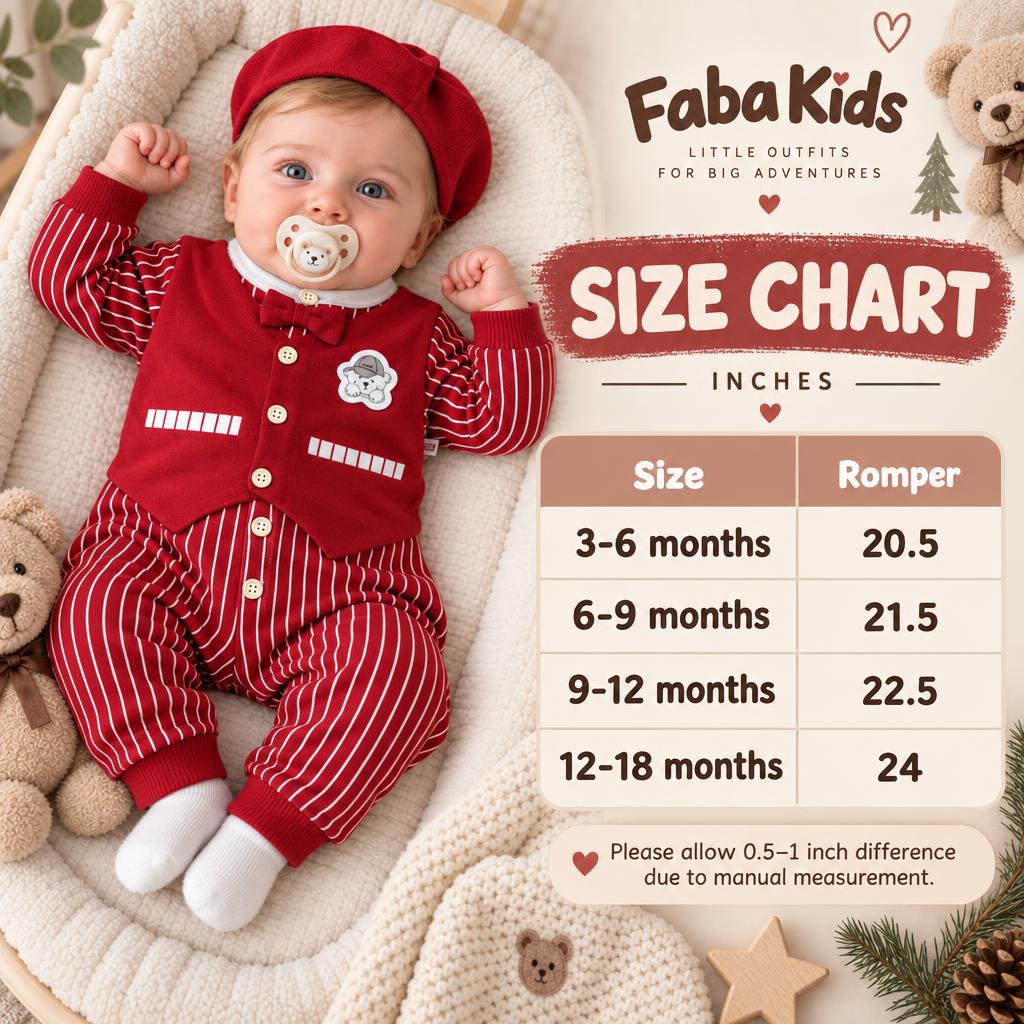 Faba Kids romper size chart showing 3-6, 6-9, 9-12 and 12-18 month sizes with romper lengths from 20.5 to 24 inches.