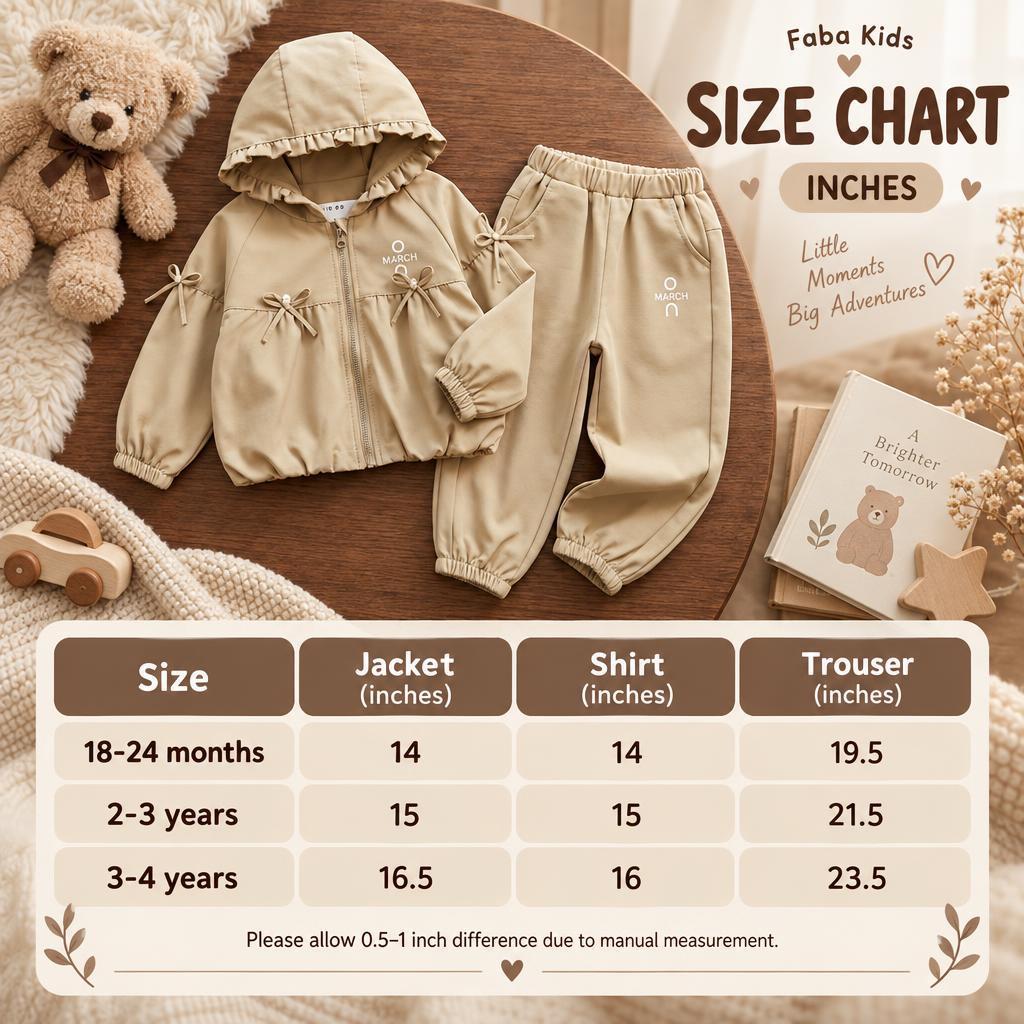 Faba Kids size chart for girls ruffle hooded jacket, shirt and jogger trouser set in 18-24 months, 2-3 years and 3-4 years.