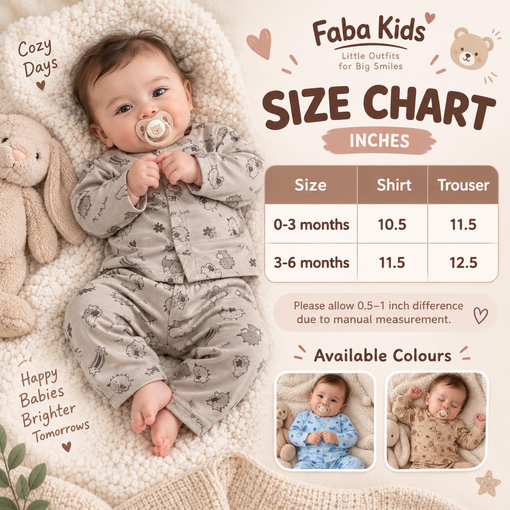 Faba Kids size chart for newborn dino print shirt and trouser set, showing 0–3 months and 3–6 months measurements with blue and brown colour options.