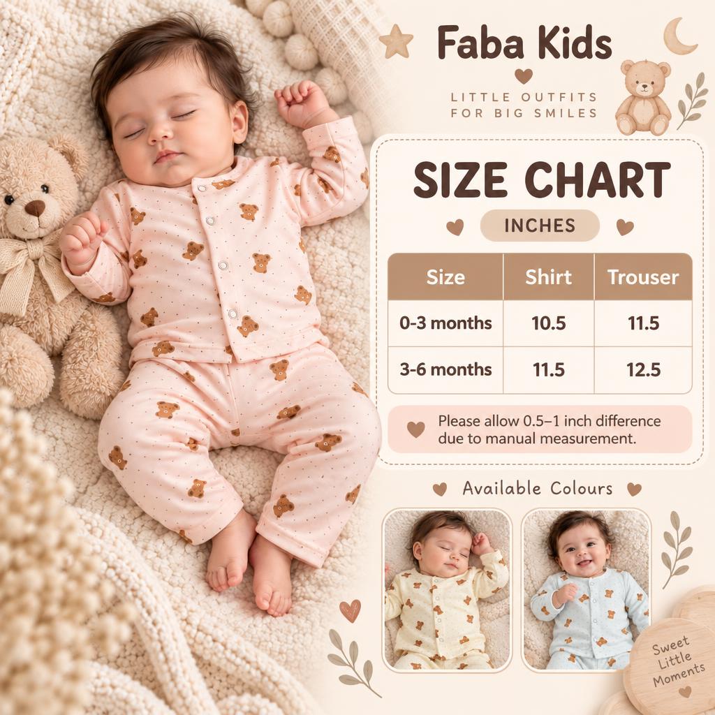 Faba Kids size chart for teddy print newborn shirt and trouser set, showing 0–3 months and 3–6 months measurements.