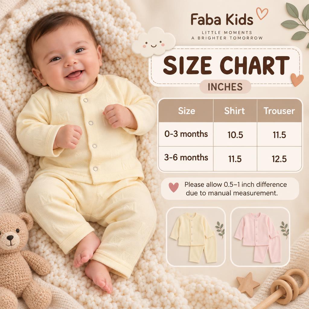 Faba Kids size chart for the newborn shirt and trouser set, showing 0–3 months and 3–6 months measurements in inches.