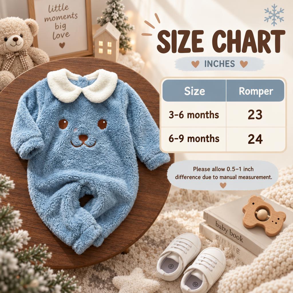 Baby Blue bear face sherpa romper size chart showing 3-6 months as 23 inches and 6-9 months as 24 inches.