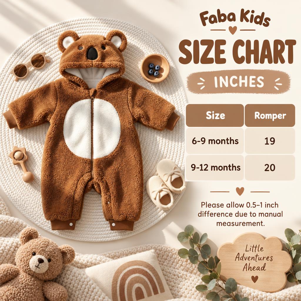 Faba Kids size chart for Brown koala face hooded plush romper, showing 19-inch length for 6-9 months and 20-inch length for 9-12 months.