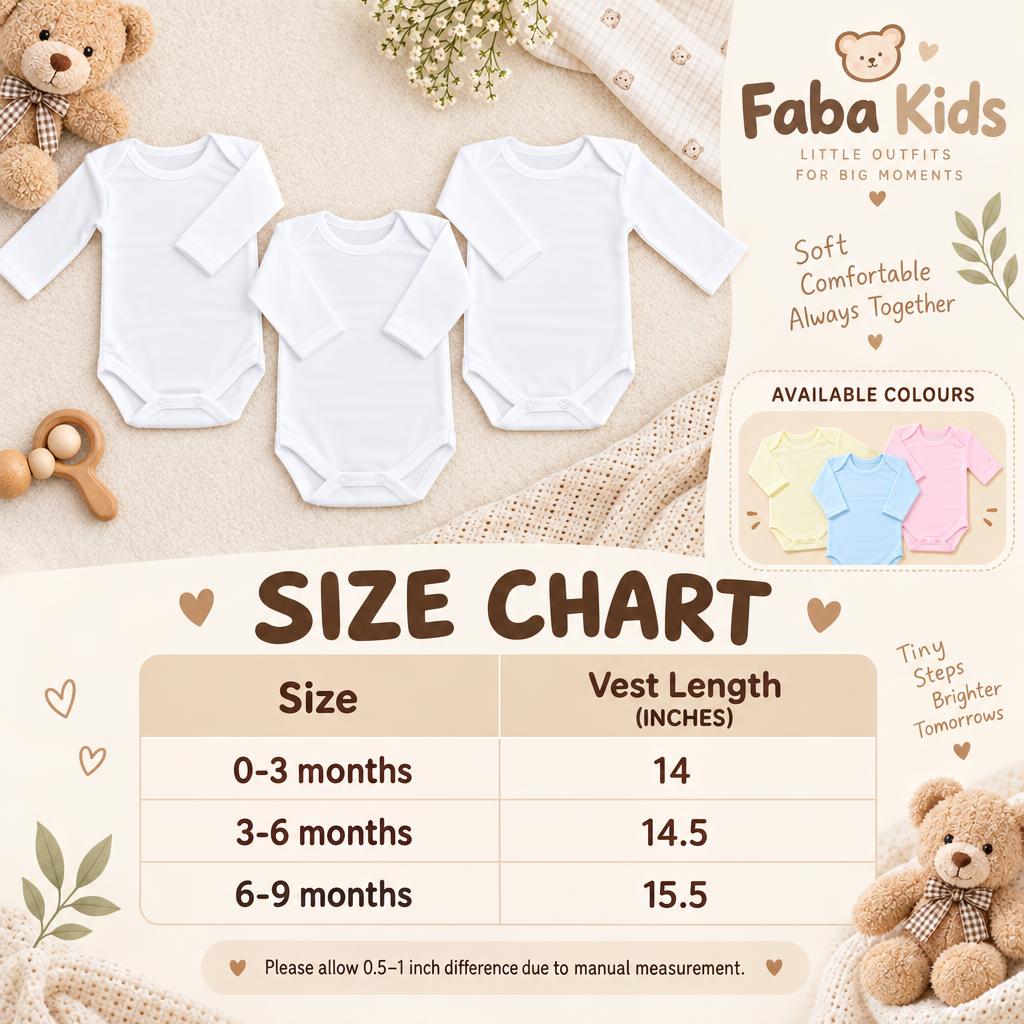 Faba Kids size chart for long-sleeve baby vest pack of 3 showing vest lengths for 0-3, 3-6 and 6-9 months.